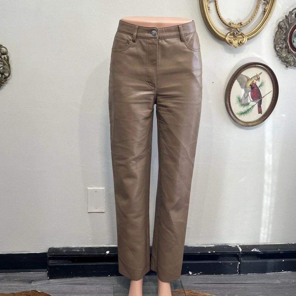 Wilfred Aritzia Tan Brown Vegan Leather High Rise Straight Leg‎ Pants Size 2